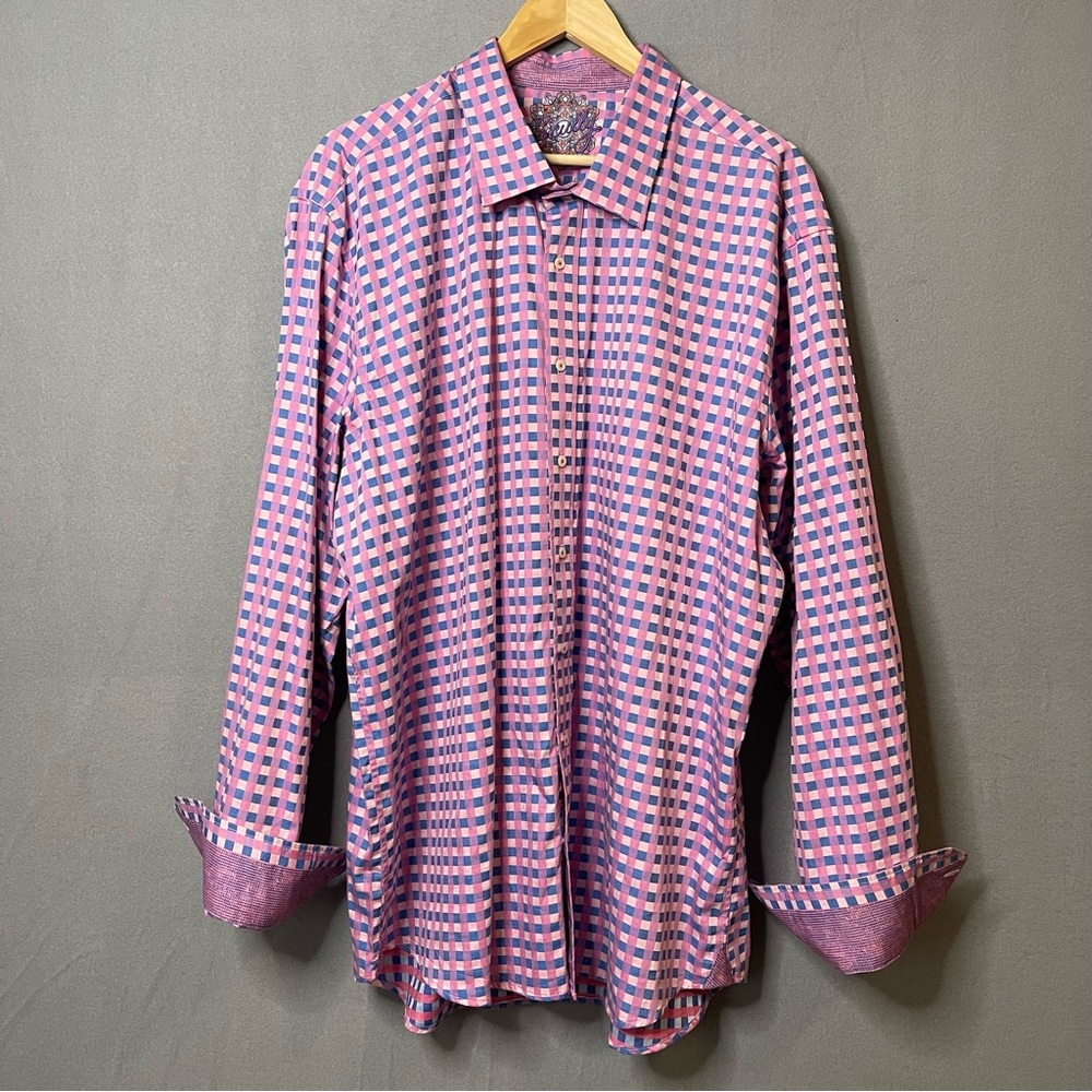 Scully XXL Pink Blue Check Button Shirt Contrast Cuff Cotton